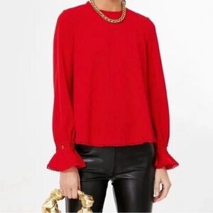 Tucketnuck Pomander Place  Red Palmer Long Sleeve Top crochet hem ruffles XXL